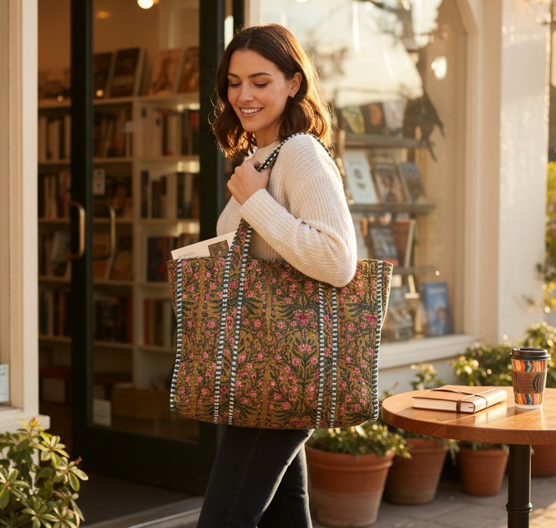 Reversible Quilted Tote - Hand-Block-Printed in Jaipur