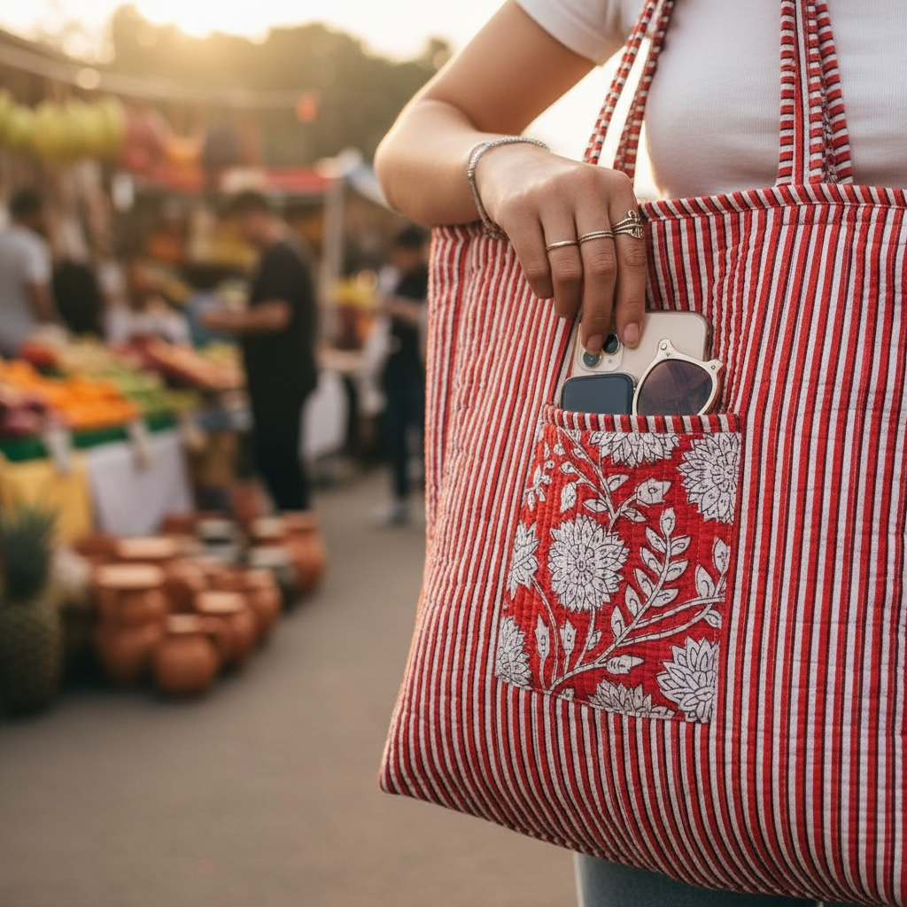 Reversible Quilted Tote - Hand-Block-Printed in Jaipur